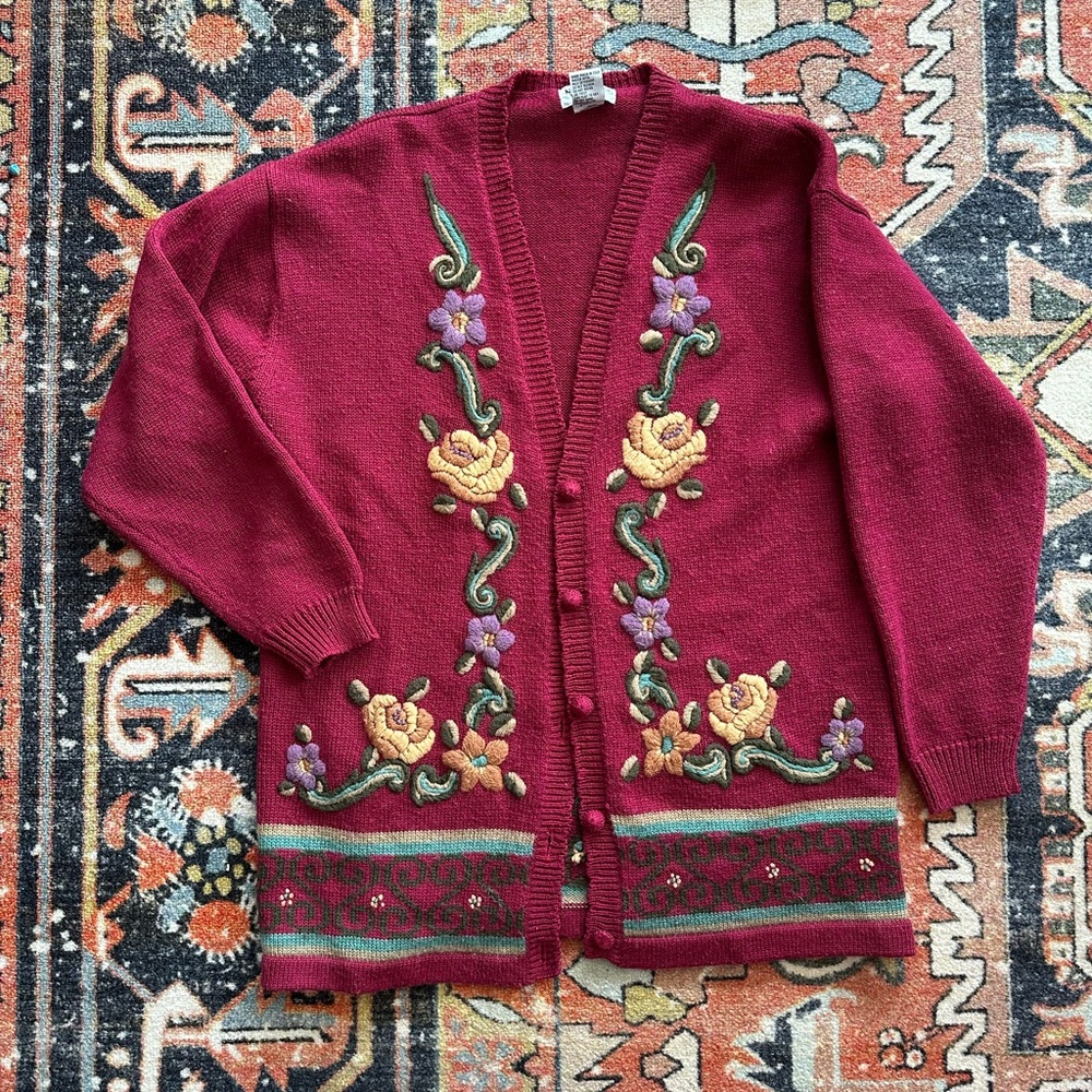 Vintage Embroidered Floral Wool Cardigan Grandmacore Cottagecore Whimsical